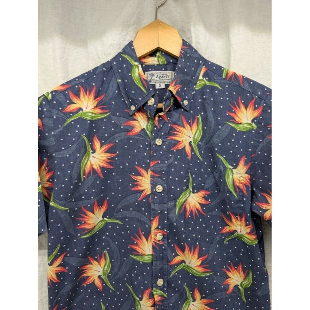 Original Avanti sz small bird of paradise navy blue polka dot Hawaiian shirt O9 - Picture 3 of 7